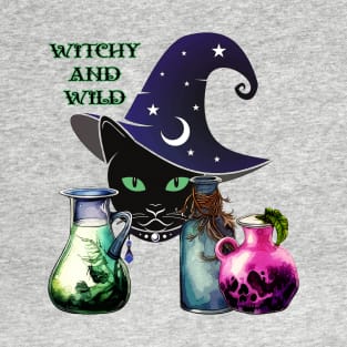 Witchy And Wild - Halloween Black Cat And Potions T-Shirt